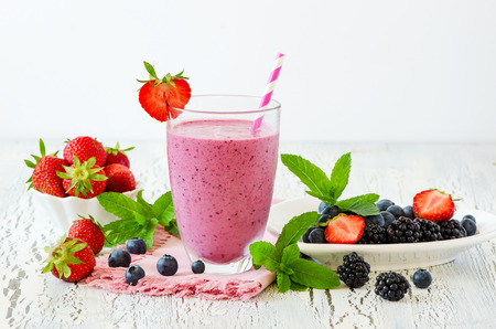 Berry smoothie, healthy summer detox yogurt drink, diet or vegan food concept, fresh vitamins, homemade refreshing cocktailの写真素材