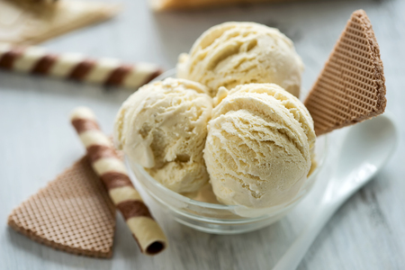 Vanilla ice cream with waffles, summer dessert, sweet snackの写真素材