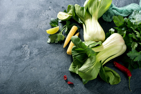 Bok choy, healthy chinese cabbage, organic vegetables, vegan cooking backgroundの写真素材