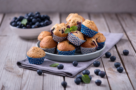 Blueberry muffins, healthy homemade baked dessert with berriesの写真素材
