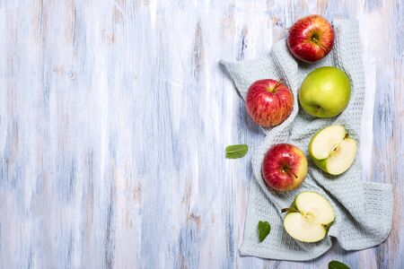 Fresh red and green apples, top view copy space background, healthy eating conceptの写真素材