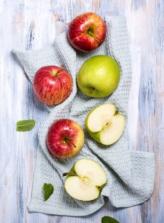 Fresh red and green apples, top view, flat lay, healthy eating conceptの写真素材