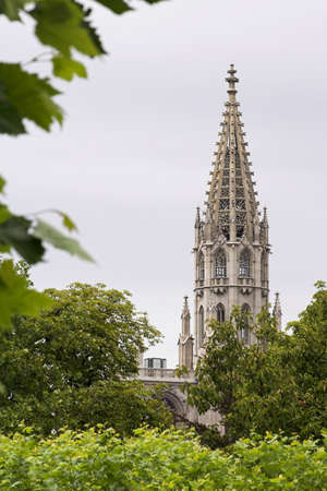 Gothic church tower with trees in the foregroundの写真素材