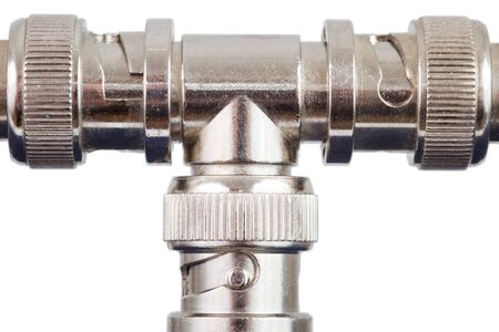 Closeup of an old network connection over a white backgroundの写真素材