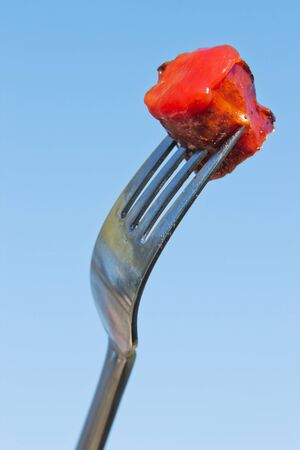 Fork with grilled sausage and ketchup in front of a blue skyの写真素材