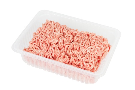 Package with fresh minced meat over a white background