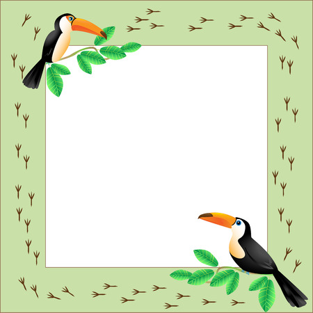 Frame with toucans sitting on a  branch, birds tracks aroundのイラスト素材