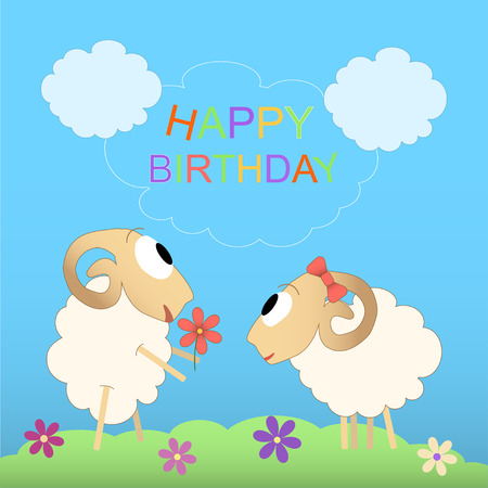 Happy birthday cute card with funny sheepのイラスト素材