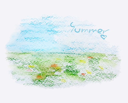 Summer field landscape, watercolor abstract background, vector illustrationのイラスト素材
