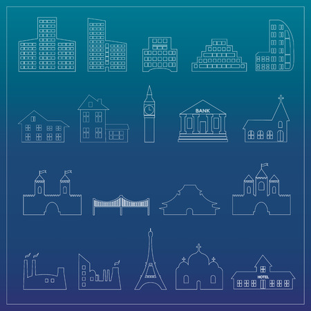 Buildings flat line design web icons set. vector illustrationのイラスト素材