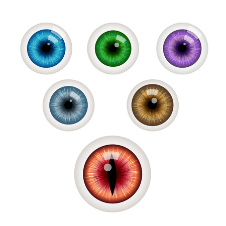 Set of colorful eye balls. Green eye ball. Blue eye. Grey eye. Red eye. Purple eye. Brown eye. Vector illustration isolated on whiteのイラスト素材