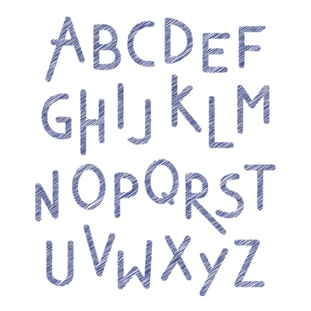 Font children. Blue scribble alphabet. Letters in child style. Alphabet written by pen. Cartoon ABC isolated on white. Vector illustrationのイラスト素材