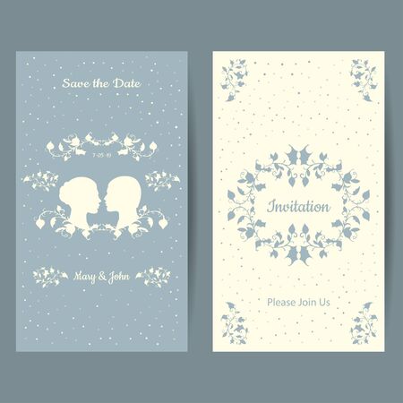 Wedding cards template. Wedding invitation or save the date vintage design with elegant flourish. Vector illustration. Profile silhouette of Man and Woman in frameのイラスト素材