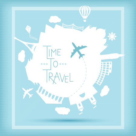 Time to travel vector illustration. Famouse places. Around the world travelling by plane, airplane trip in various country.  Flat icon modern design style poster. Travel banner.のイラスト素材