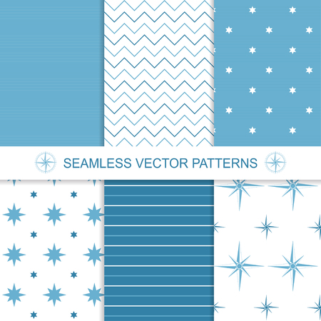 Set of sea and nautical backgrounds in blue and white colors. Sea theme. Seamless patterns collection. のイラスト素材