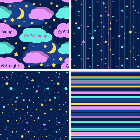 Good Night seamless patterns set. Night sky with colorful stars, clouds and stripes backgrounds collection. Repeating geometric background with graphic stripes .のイラスト素材