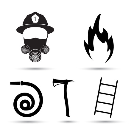 Fire fighter equipment icons set isolated on white background. Black silhouette of fire fighter, hydrant, axe and ladderのイラスト素材