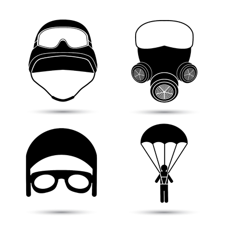 Military Icons. Vector set isolated on white. Helmet, gas mask, parachuteのイラスト素材