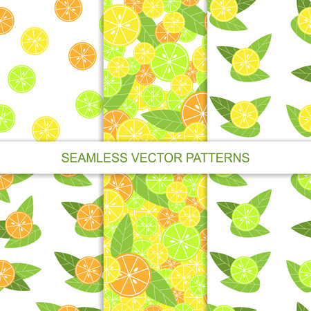 Set of seamless citrus pattern. Lemon pattern. Lime pattern. Orange pattern. Vector illustrationのイラスト素材