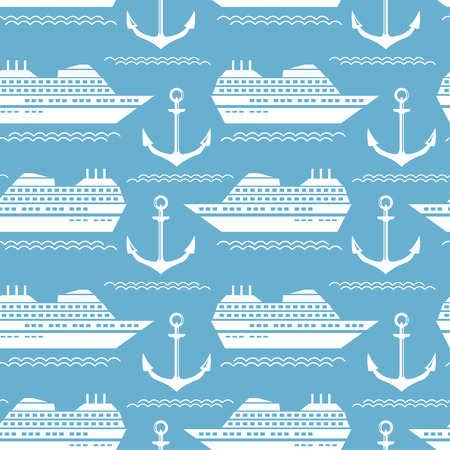 Seamless nautical blue pattern with big ships and anchors. Vector illustrationのイラスト素材