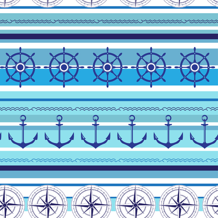 Seamless nautical blue colorful pattern with steering wheel, wind rose and anchors. Vector illustrationのイラスト素材