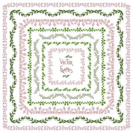 Set of decorative floral square border elements for design. Vector colorful frames isolated on white background.のイラスト素材