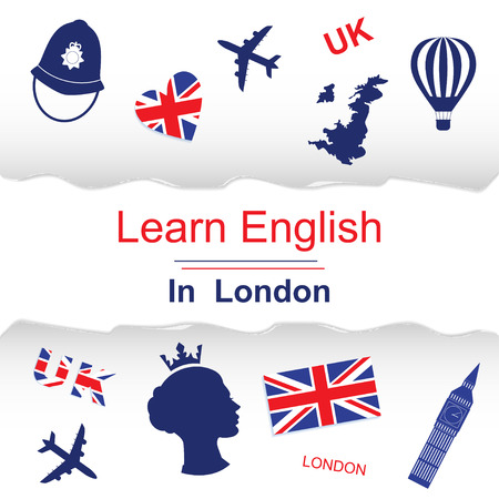 Learn english in London poster, banner with icons of England.のイラスト素材