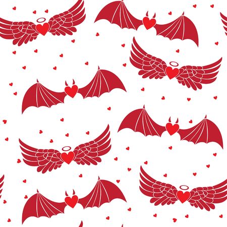 Vector seamless pattern with hearts. Stylish print with colorful angel and demon wingsのイラスト素材