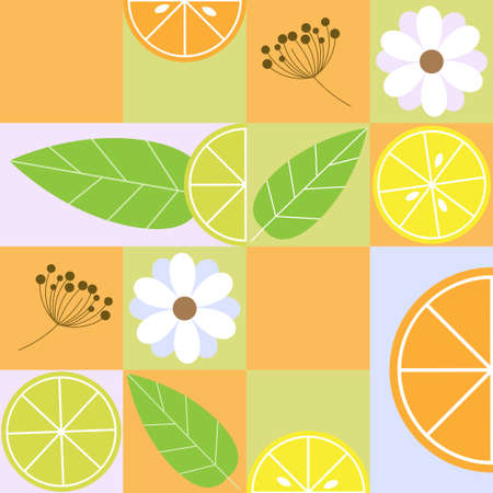 Seamless summer pattern with citrus slices, leaves