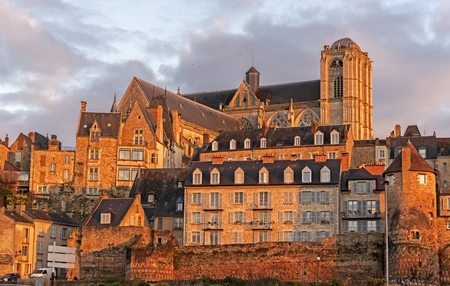 Le Mans historical old city seen in evening lights from Sarthe River Quay, Loire Valley.の写真素材