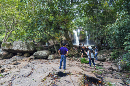 Khao Yai, Thailand - November 14, 2015. Tourist group approache the view point for famous Haew Suwat Waterfall in Khao Yai National Park in Thailand.のeditorial素材