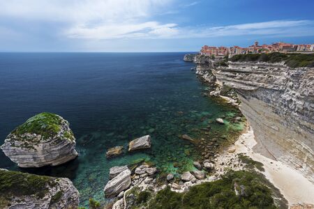 Bonifacio Old City above-the Mediterranean Sea supported with limestone cliffs. Corsica Island, Franceの写真素材