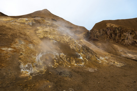 Vapor and sulfurous smoke coming from numerous fumaroles in Viti crater at Askja caldera. Central...
