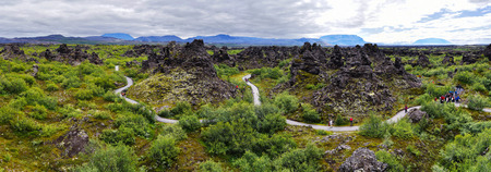 Panoramic view at tourist area of Dimmu Borgir Lavafeld in the East of Mytavn lake in Northern Iceland.の写真素材