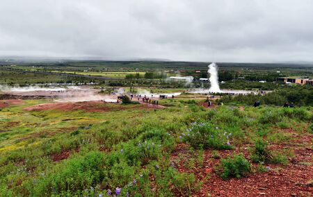 Geysir, Iceland 21 July, 2018 Geysir area as seen from Laudarfjall hill in Southwestern Icelandのeditorial素材
