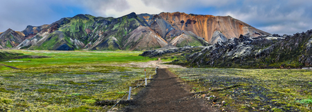 Mountain landscape panorama of Landmannalaugar in the morning. Highlands of Iceland, Fridland ad Fjallabaki Natural park in July.の写真素材