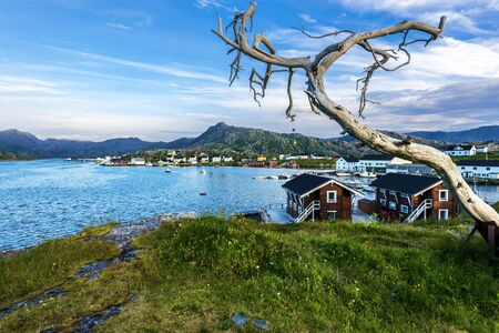 View at the Gjesvaer village and the Barents Sea coast  in the west of Magroya island. Nordkapp Municipality in Norwegian Finnmark county.の写真素材