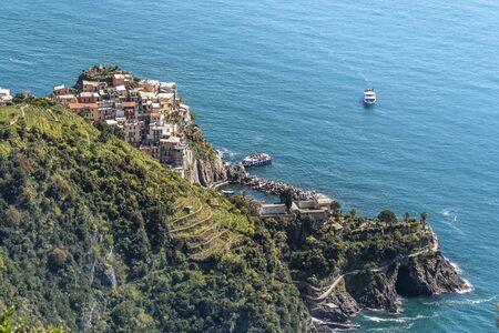 Manarola village as seen from the Trail 6p pass from the North. Cinque Terre National parc in the...