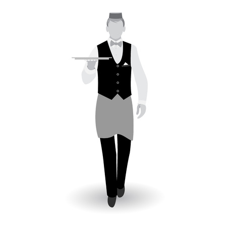 Flat walking gray waiter with dish tray icon isolated on white backgroundのイラスト素材