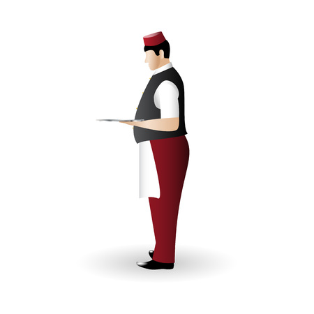 Waiter color flat icon standing sideways with a dish tray in hand isolated on white backgroundのイラスト素材