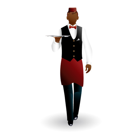 Flat walking bronze waiter with dish tray icon isolated on white backgroundのイラスト素材