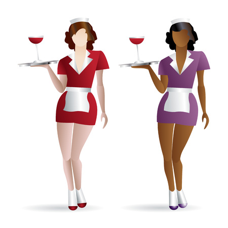 Two flat waitresses colored icons with gradient fill isolated on white backgroundのイラスト素材