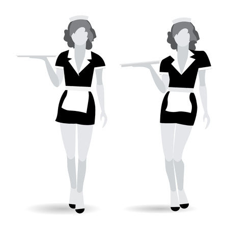 Black and white icons of going and standing waitresses isolated on white backgroundのイラスト素材