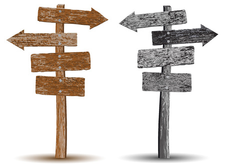 Gray-scaled and brown textured wooden vintage signposts isolated on white backgroundのイラスト素材
