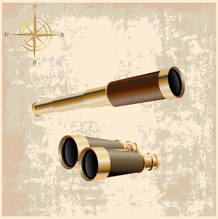 Set of realistic spyglass  and retro binoculars icons isolated on a light brown vintage backgroundのイラスト素材