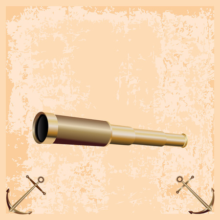 Realistic icon of vintage spyglass isolated on light brown retro background with two anchorsのイラスト素材