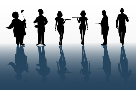 Set of black silhouettes of kitchen characters isolated on white with yhe shadow backgroundのイラスト素材
