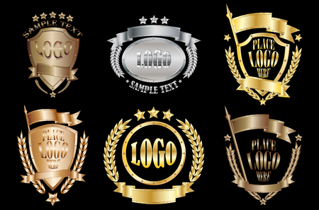 Set of metal badges realistic icons isolated on black backgroundのイラスト素材