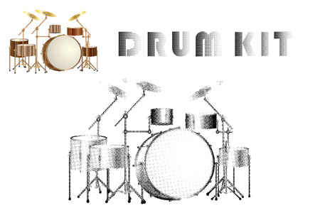 Set of realistic and halftone silhouette drum kit icons isolated on white background