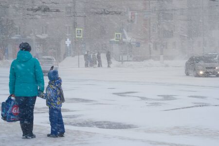 Snow storm in the city of Cheboksary, Chuvash Republic, Russia.のeditorial素材